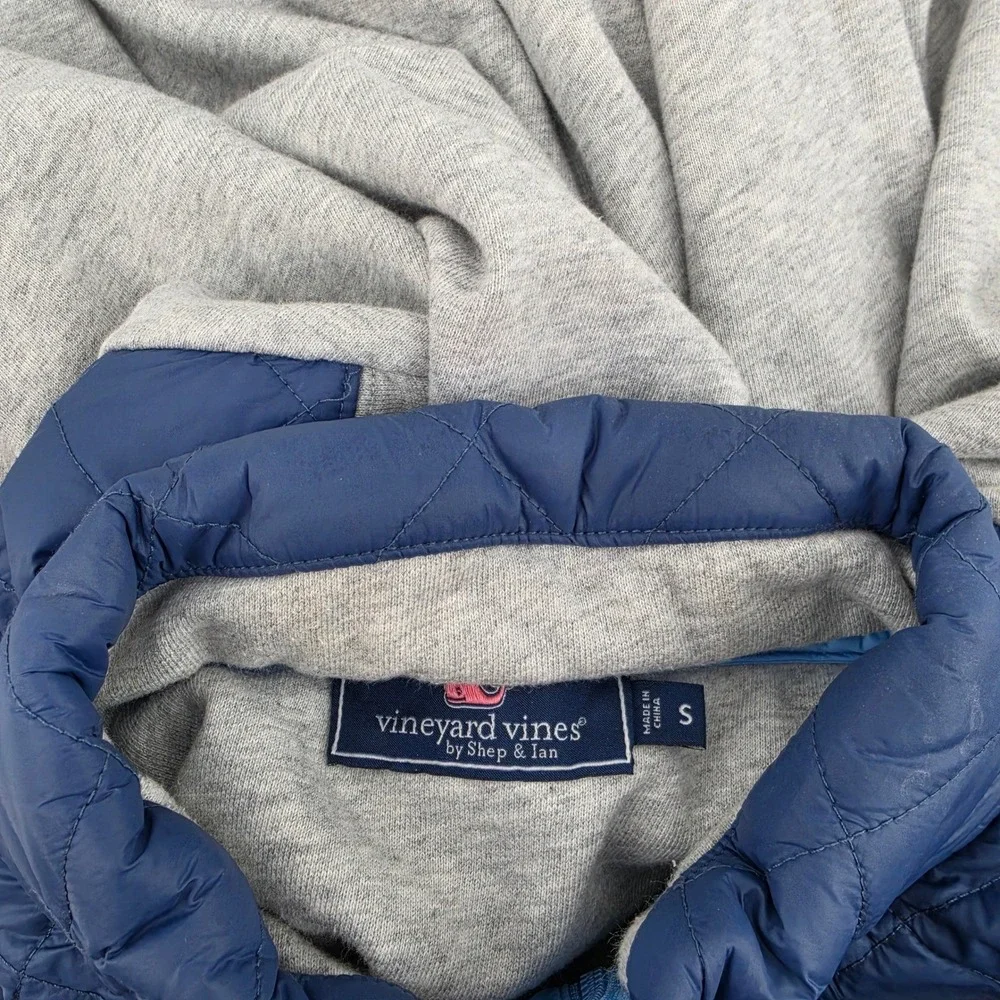 Vineyard Vines Mens Small Gray Blue Quilted Hybrid Shep Shirt Snap Pullover Hood